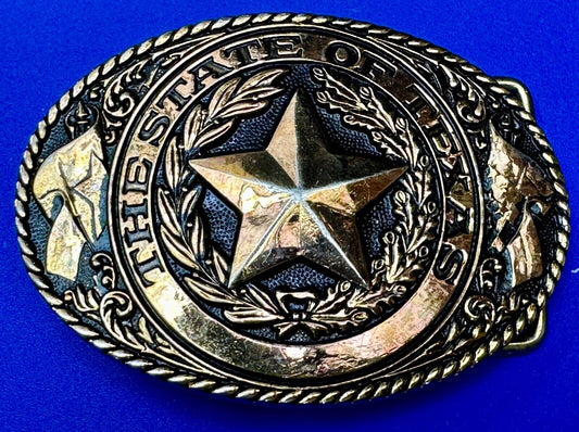 TEXAS State Pride - RAISED 3D STAR centered in brass tone oval Belt Buckle