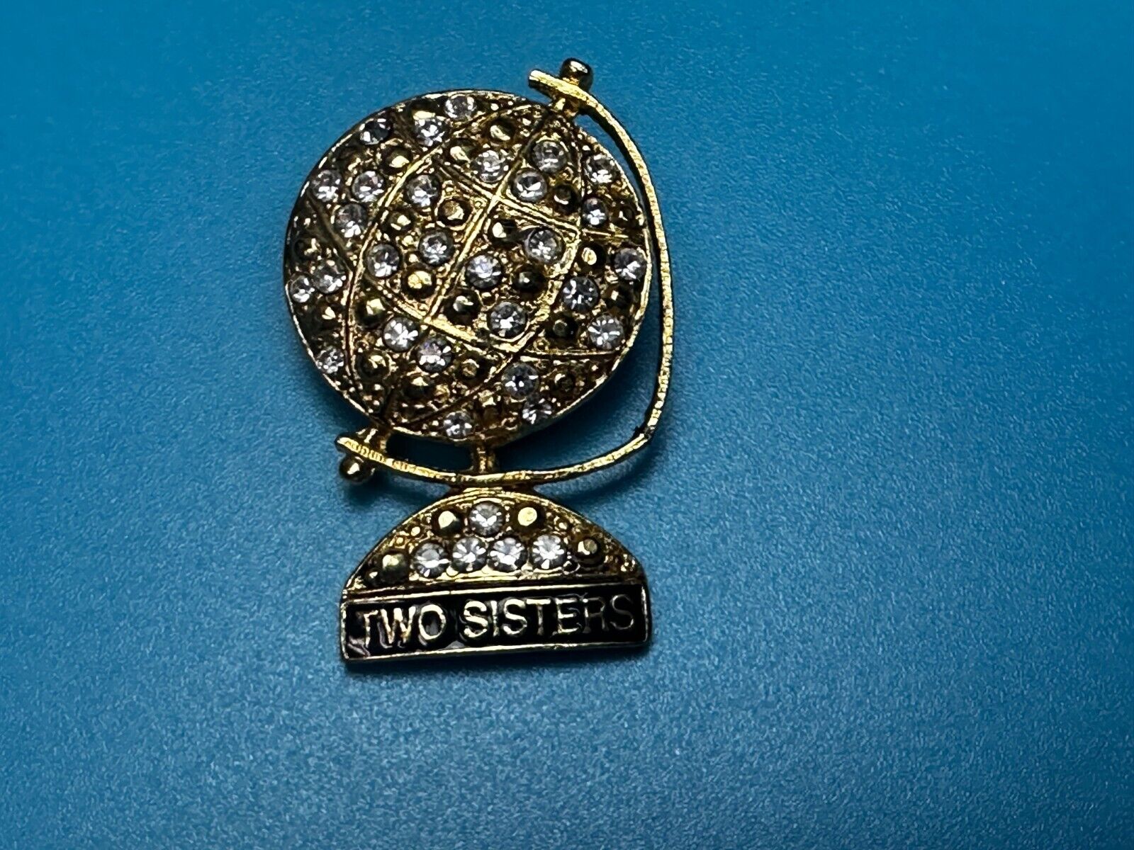 Two Sisters - Globe Covered with Rhinestone's Vintage Gold Tone Brooch Pin