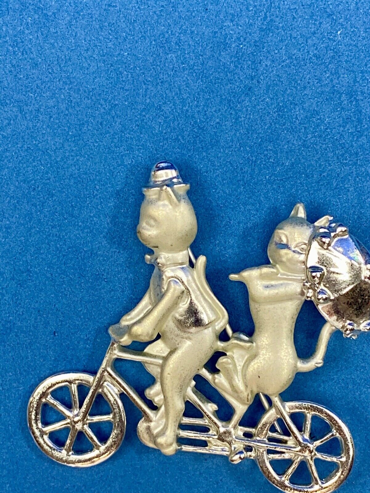 Vintage AJC Two Cats Riding Bicycle  with Umbrella Silver Tone Brooch Pin