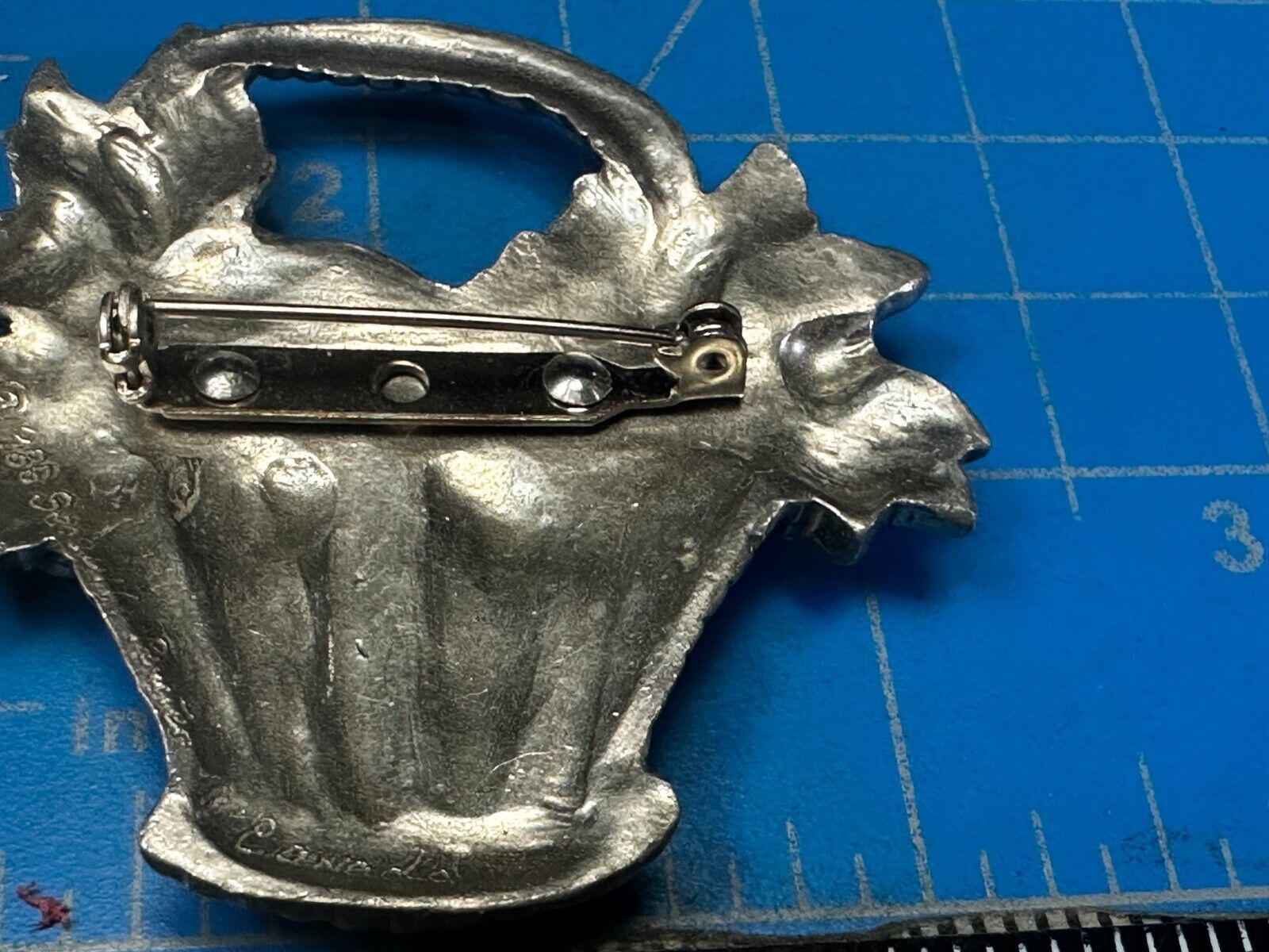 Vintage 1980's Flower Basket Floral Pewter Brooch Pin Signed Seagull Canada