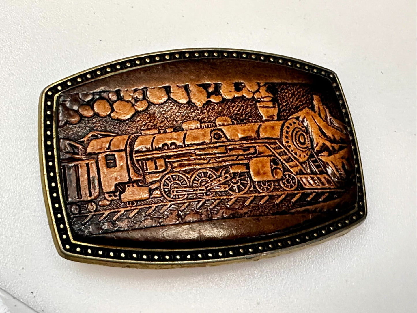 #4108 Train Locomotive Railroad Vtg. Leather on Metal Alumaline Belt Buckle