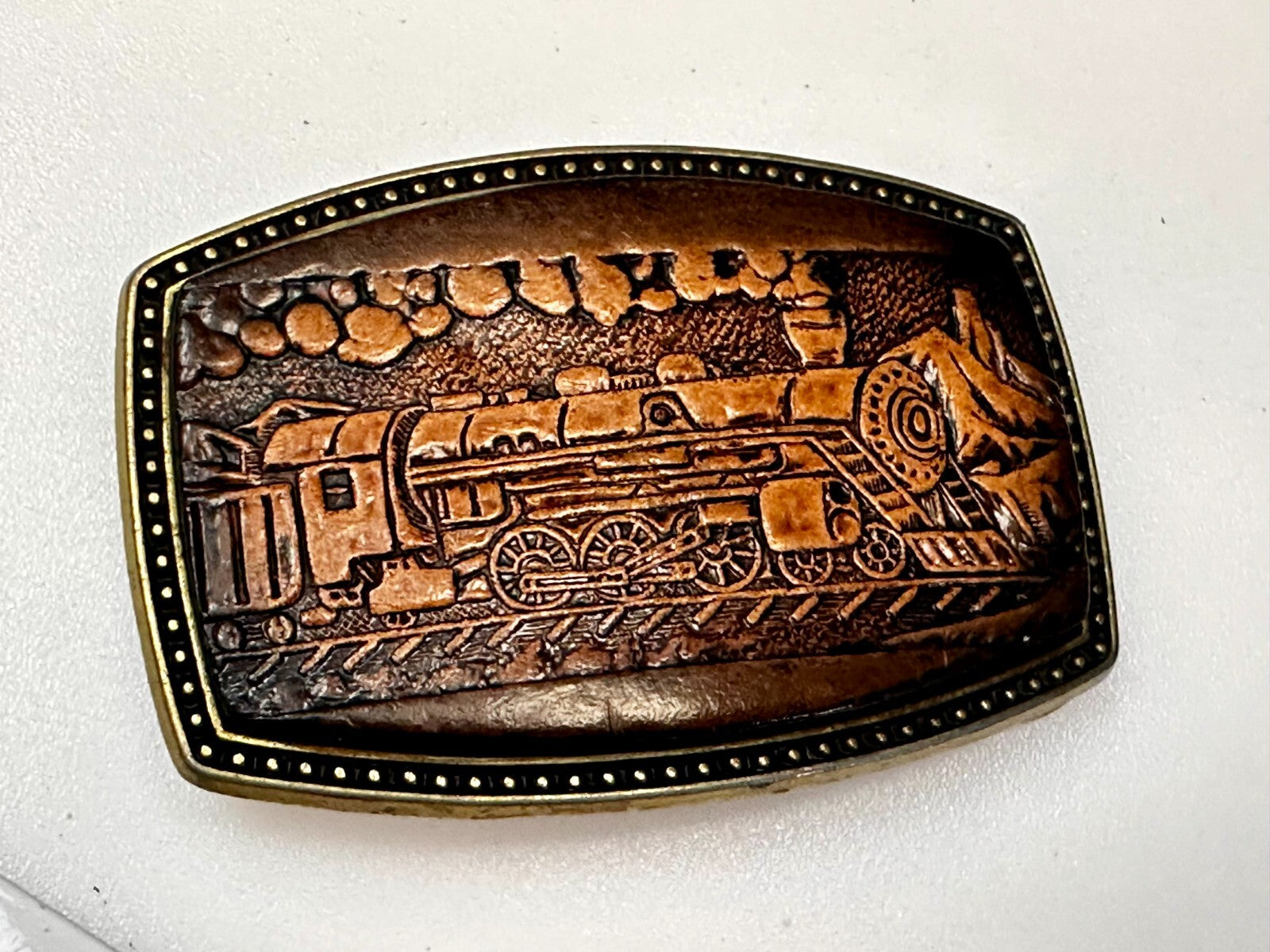 #4108 Train Locomotive Railroad Vtg. Leather on Metal Alumaline Belt Buckle