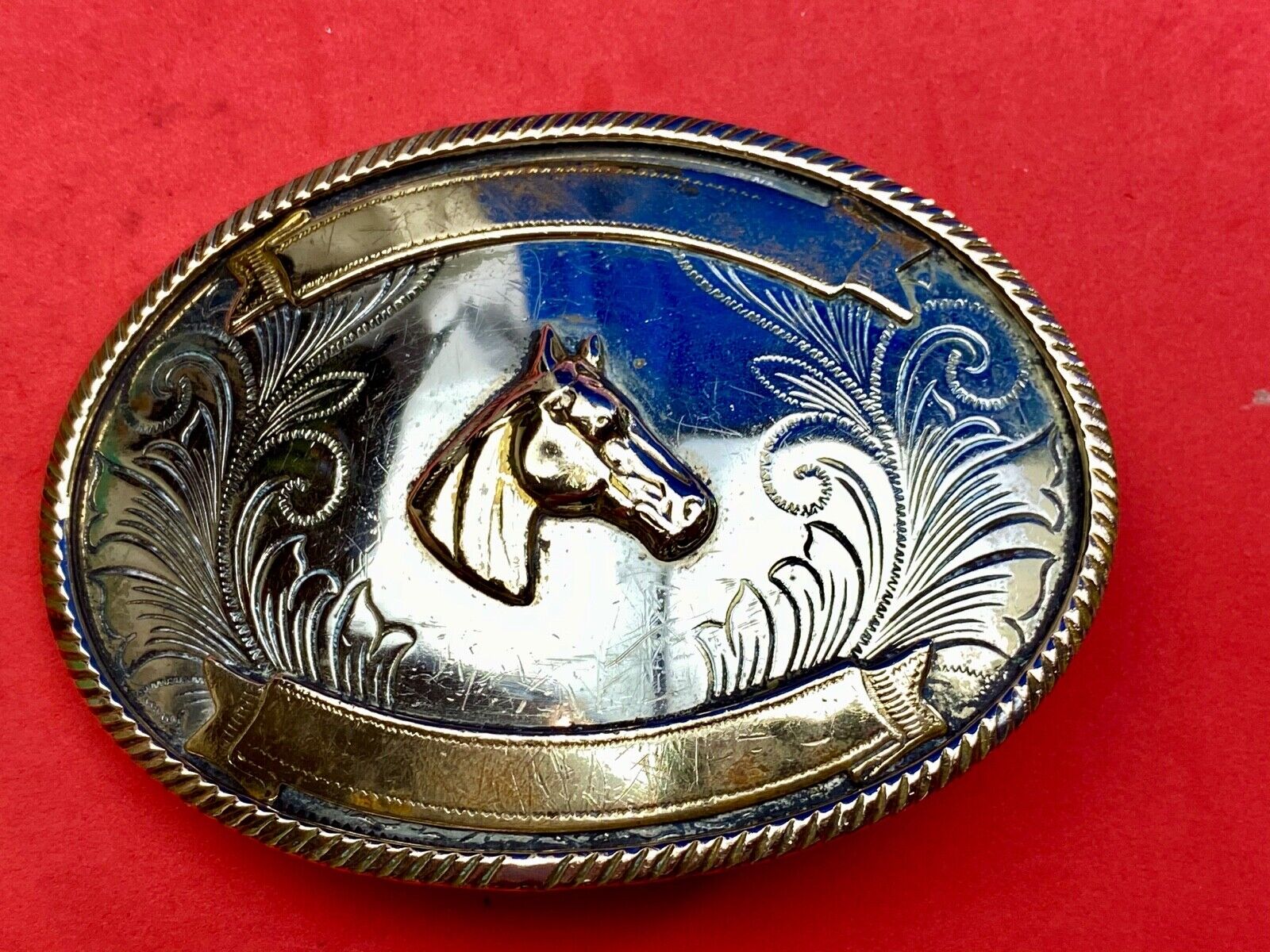 Beautiful Belt Buckle - Horse head bust made of German Silver with award scroll 