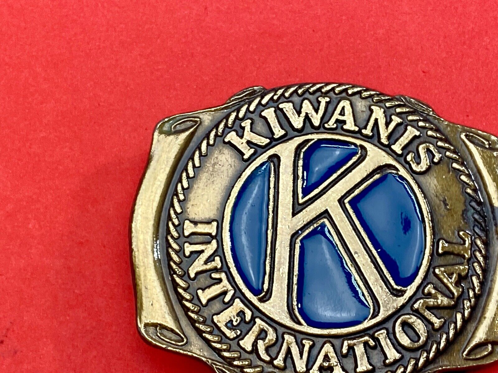 Vintage Kiwanis Club international blue enamel cut out belt buckle 