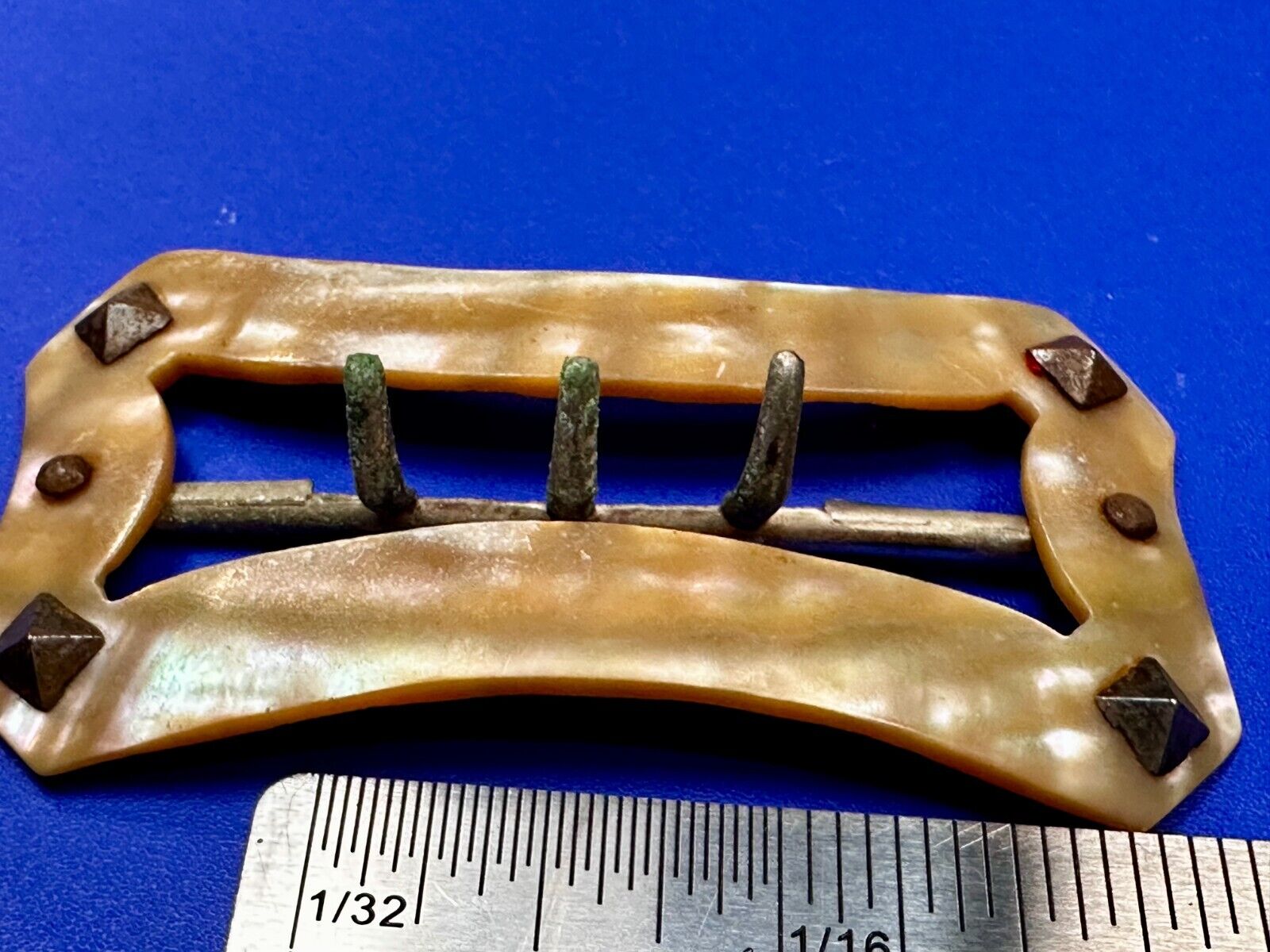 Three Prong Antique Vintage Mop Mother Of Pearl 3" Wide Belt Buckle