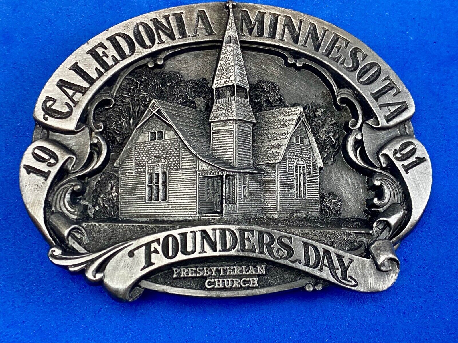 Vintage 1991 - Founder’s Days Caledonia MN belt buckle - presbyterian church 