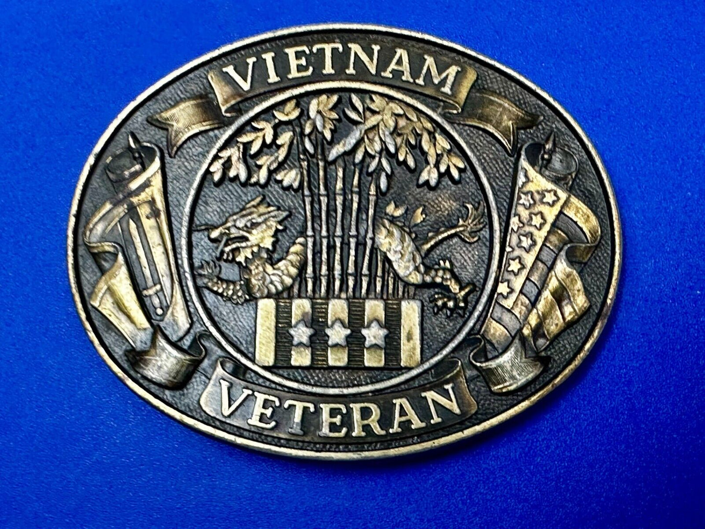 Vietnam Veteran Dragon Bamboo & Flag's Vsm Service Medal Logo Belt Buckle