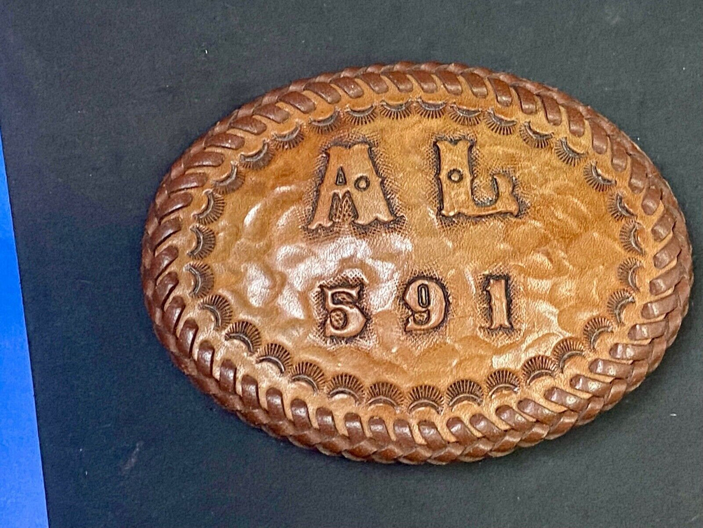 Al 591 Large Leather Tooled Stitched Name Western Belt Buckle.