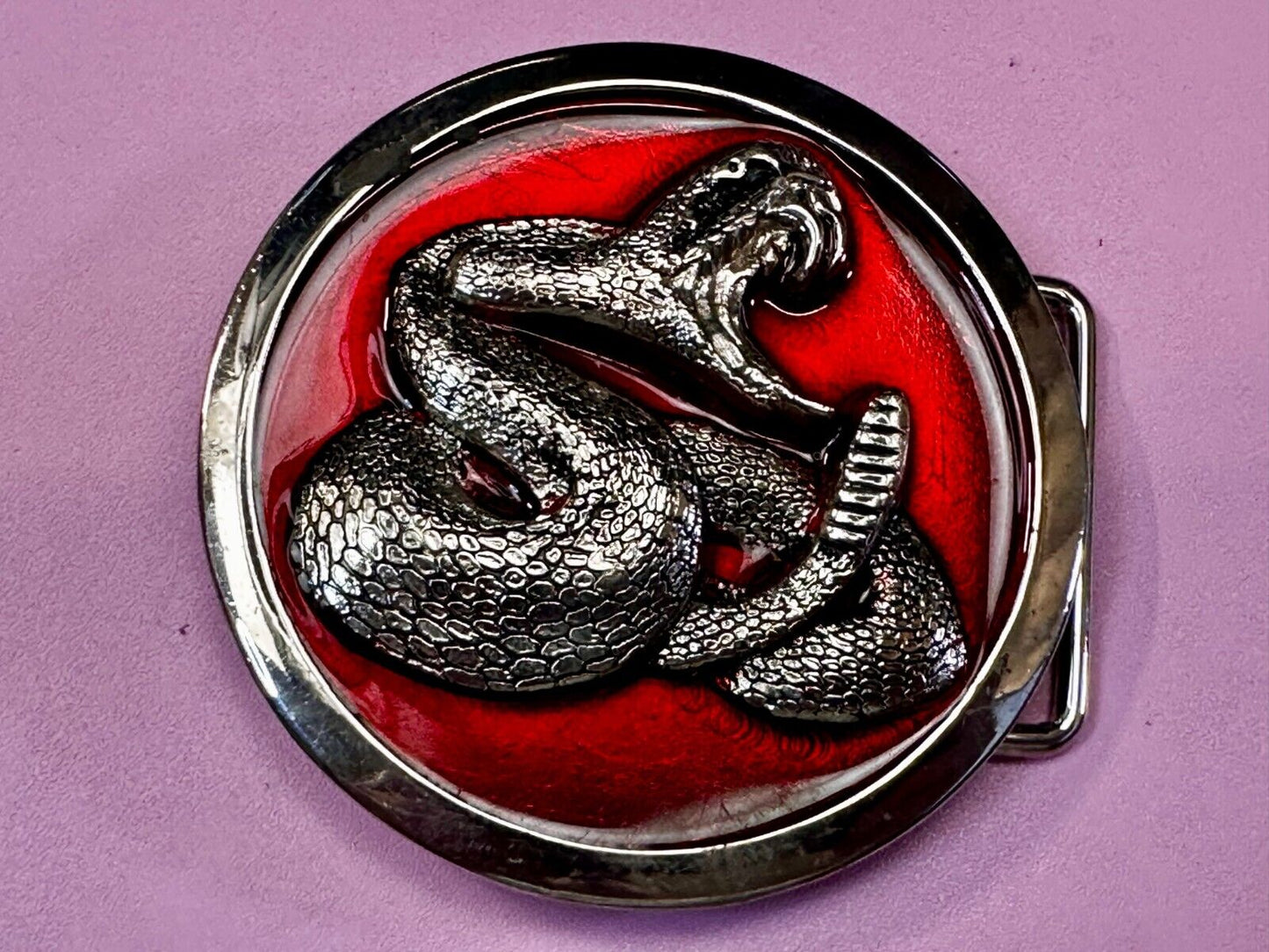 Attacking Snake with Fangs Red Enameled Round Belt Buckle Classico Italia #A246