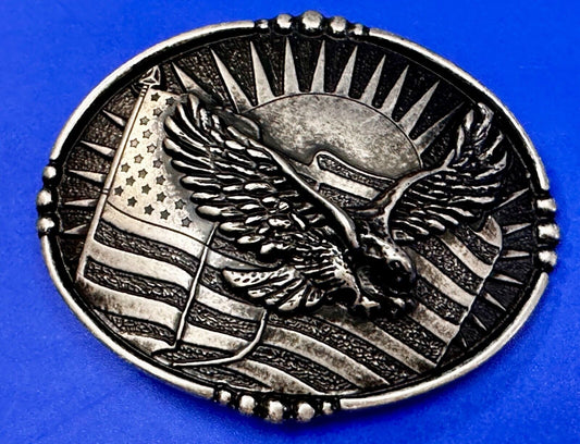 American Flying Eagle Flag Stars Stripe Sun Silver Color Patriotic Belt Buckle