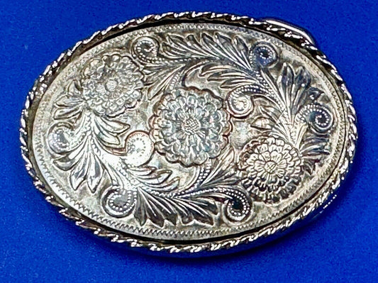 vintage flower leaf design western etched belt buckle marked W