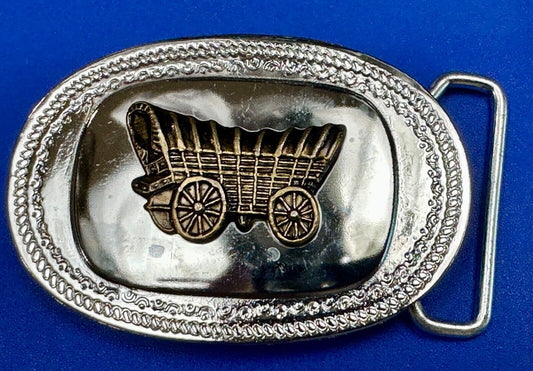 Vintage Covered Wagon on reflective oval two tone western belt buckle