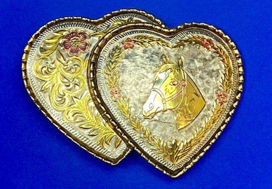 Two Hearts - Horse Head & Ornate Flower Swirl Cut Out Etched Belt Buckle - W