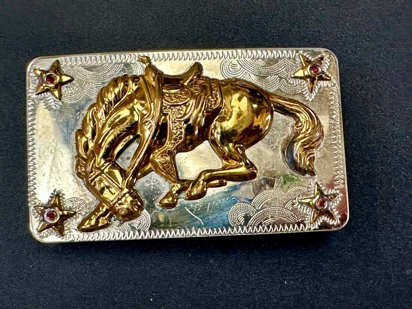 Vintage Horse w/  head down end of the trail Nickel Silver belt buckle w/ Stars
