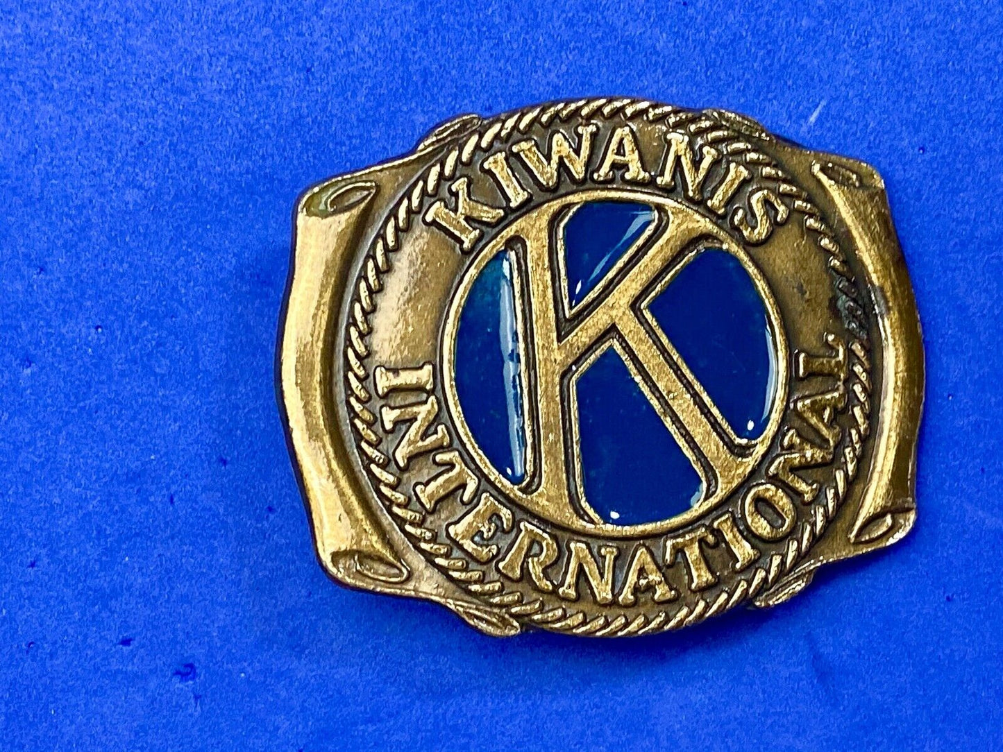 Vintage Kiwanis Club international blue enamel cut out belt buckle 