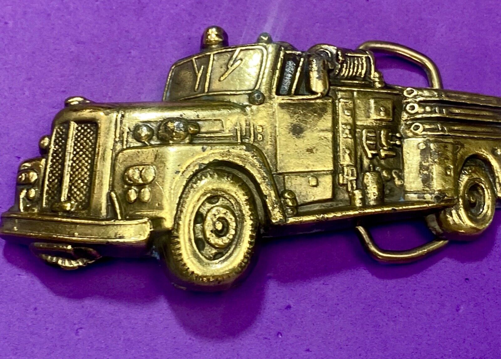 Vintage Figural Fire Truck cut out brass belt buckle