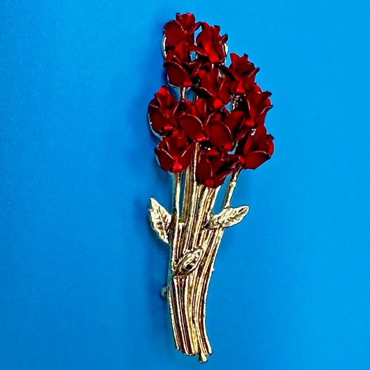 Valentines Day Gift! Red Roses Bouquet Gold Tone Brooch Pin Vintage Signed DM 97