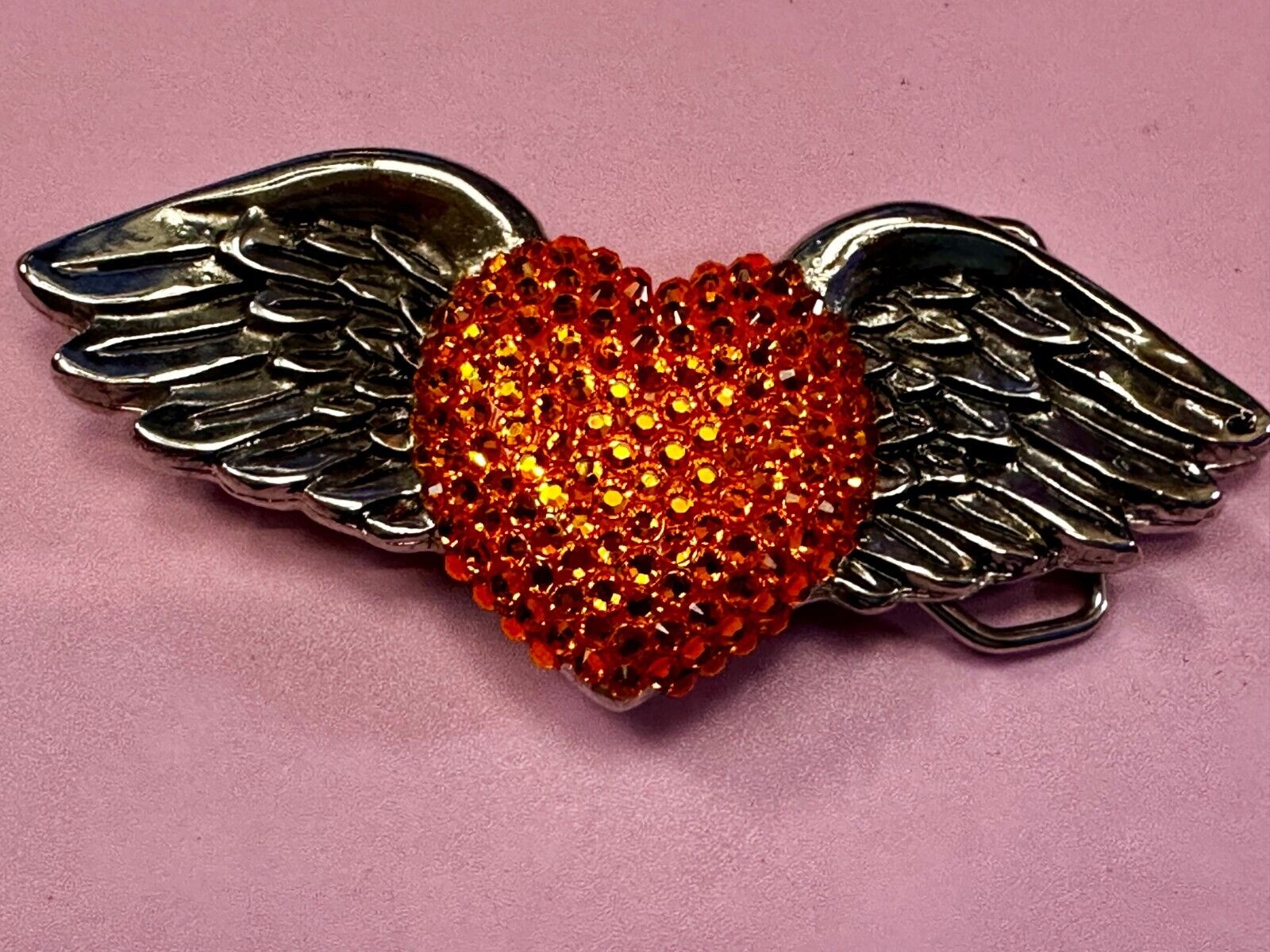 Angel Wings Orange Heart Shaped Rhinestone Covered 2001 Bridget Belt Buckle
