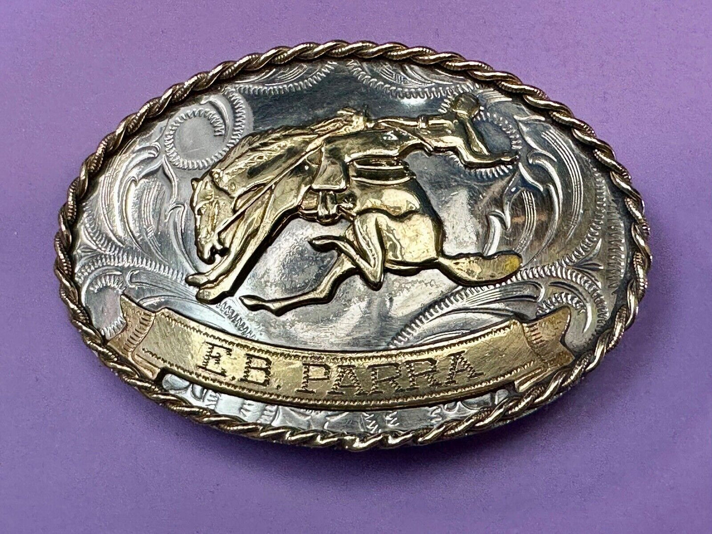 Vintage German Silver Bucking Saddle Bronc Western Cowboy Engraved belt buckle