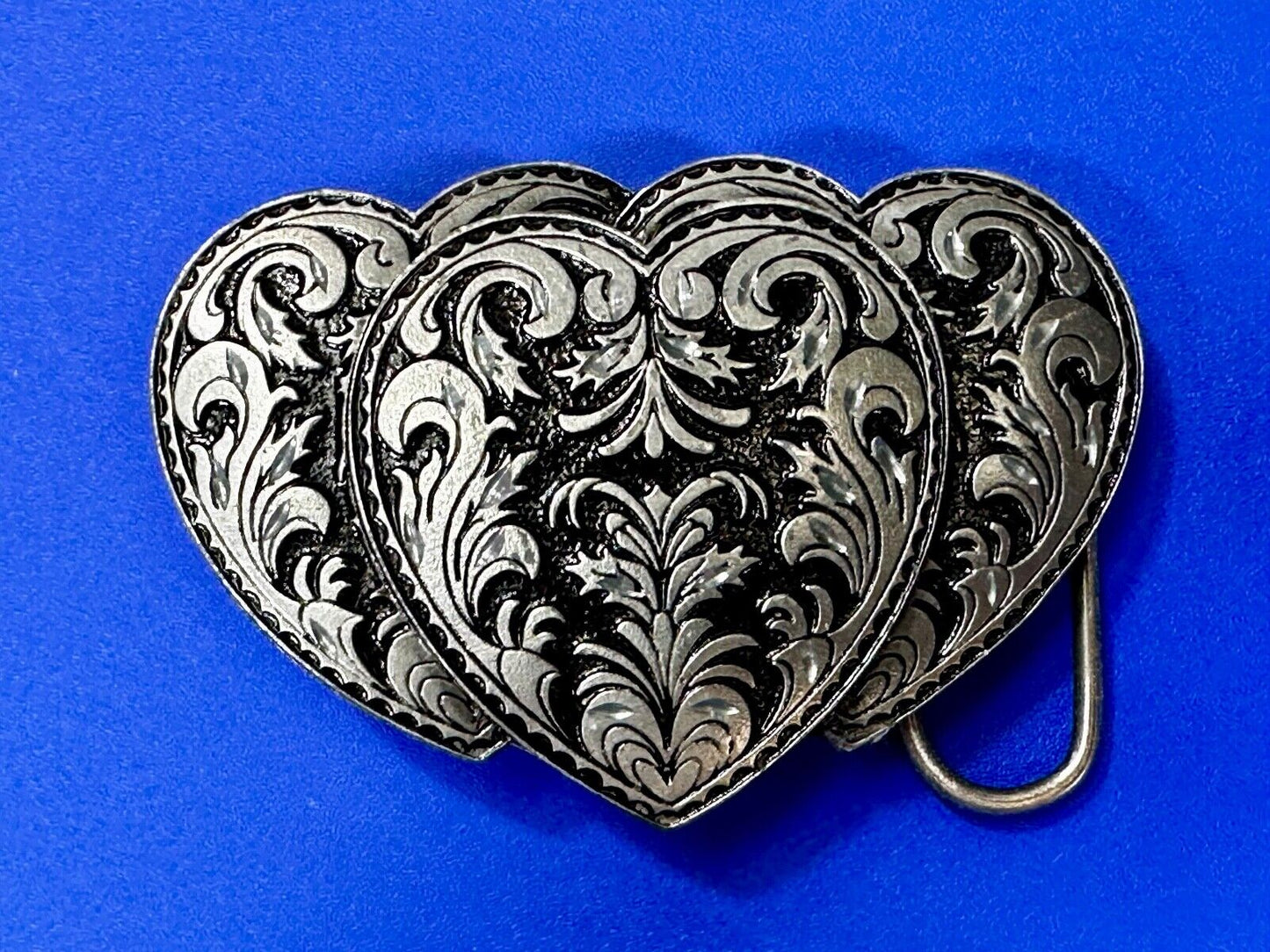 Tripple 3 Hearts. Western Three Heart shaped Vtg. 1995 cutout Belt Buckle by C&J