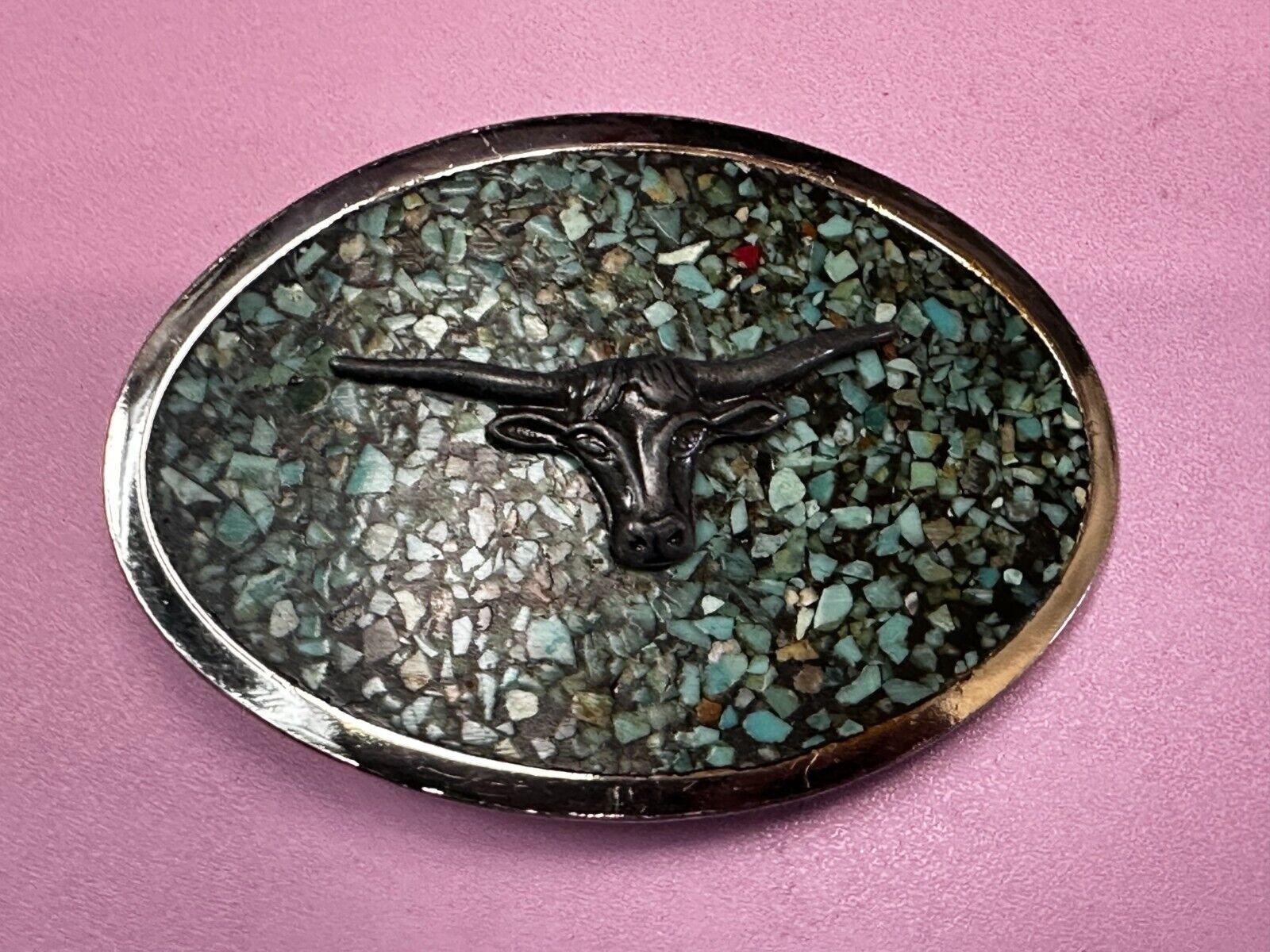 Turquoise chip inlaid Cowboys Cowgirls Longhorn Rodeo Cow Steer Oval Belt Buckle