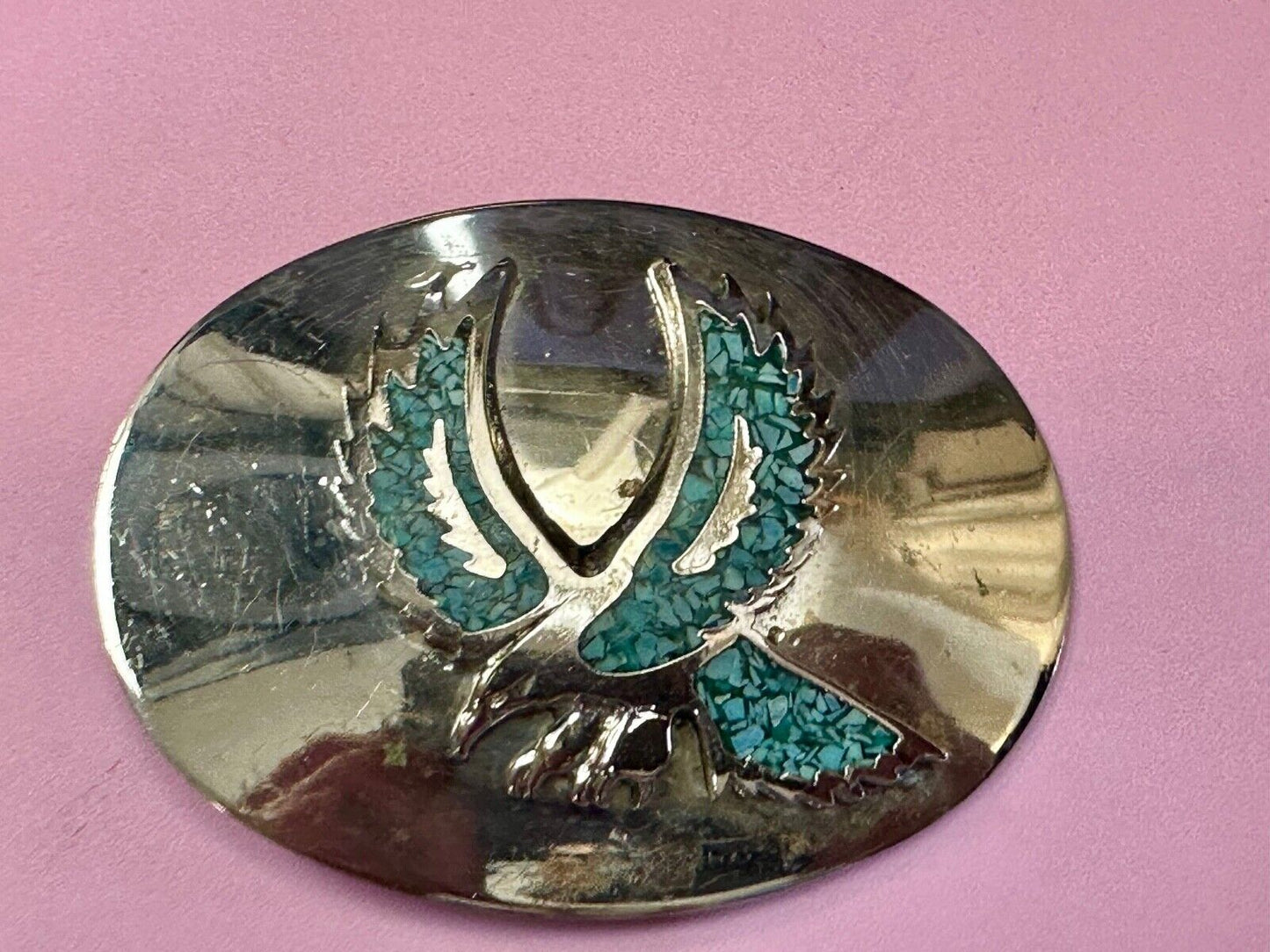 Turquoise Chip inlaid Flying Hunting Diving Patriotic American Eagle Belt Buckle