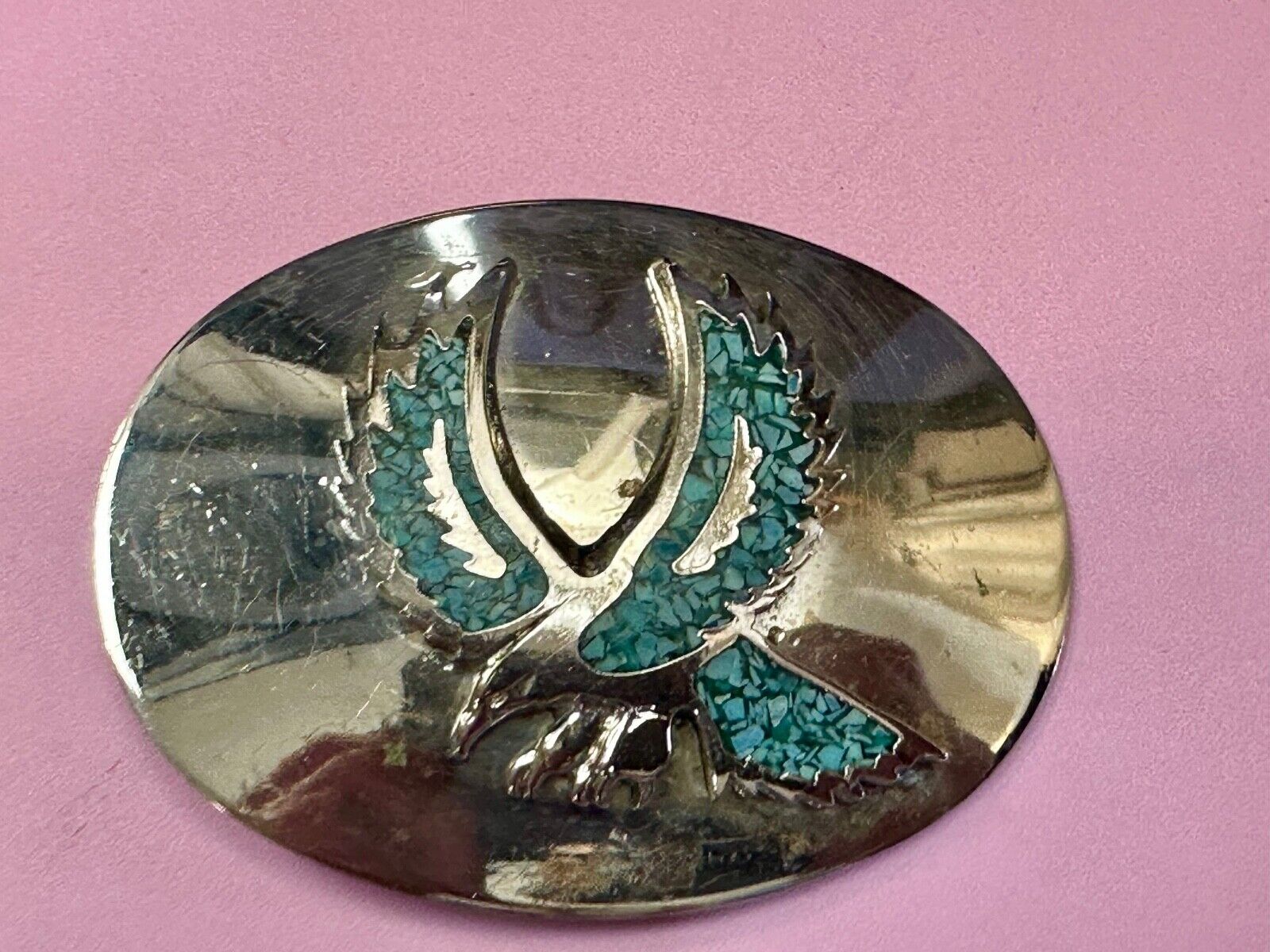 Turquoise Chip inlaid Flying Hunting Diving Patriotic American Eagle Belt Buckle