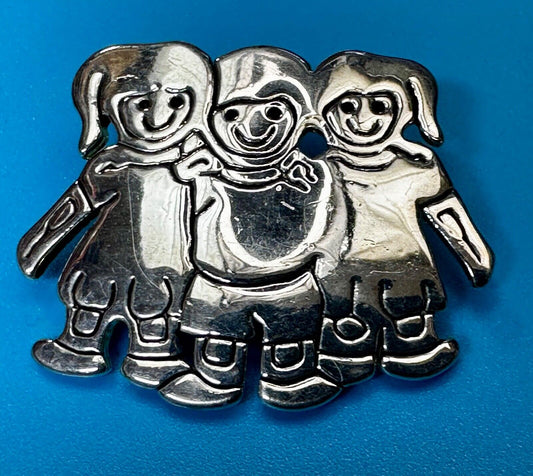 3 Children Kids Figure Cutout Silver Brooch Pin Signed by MJ