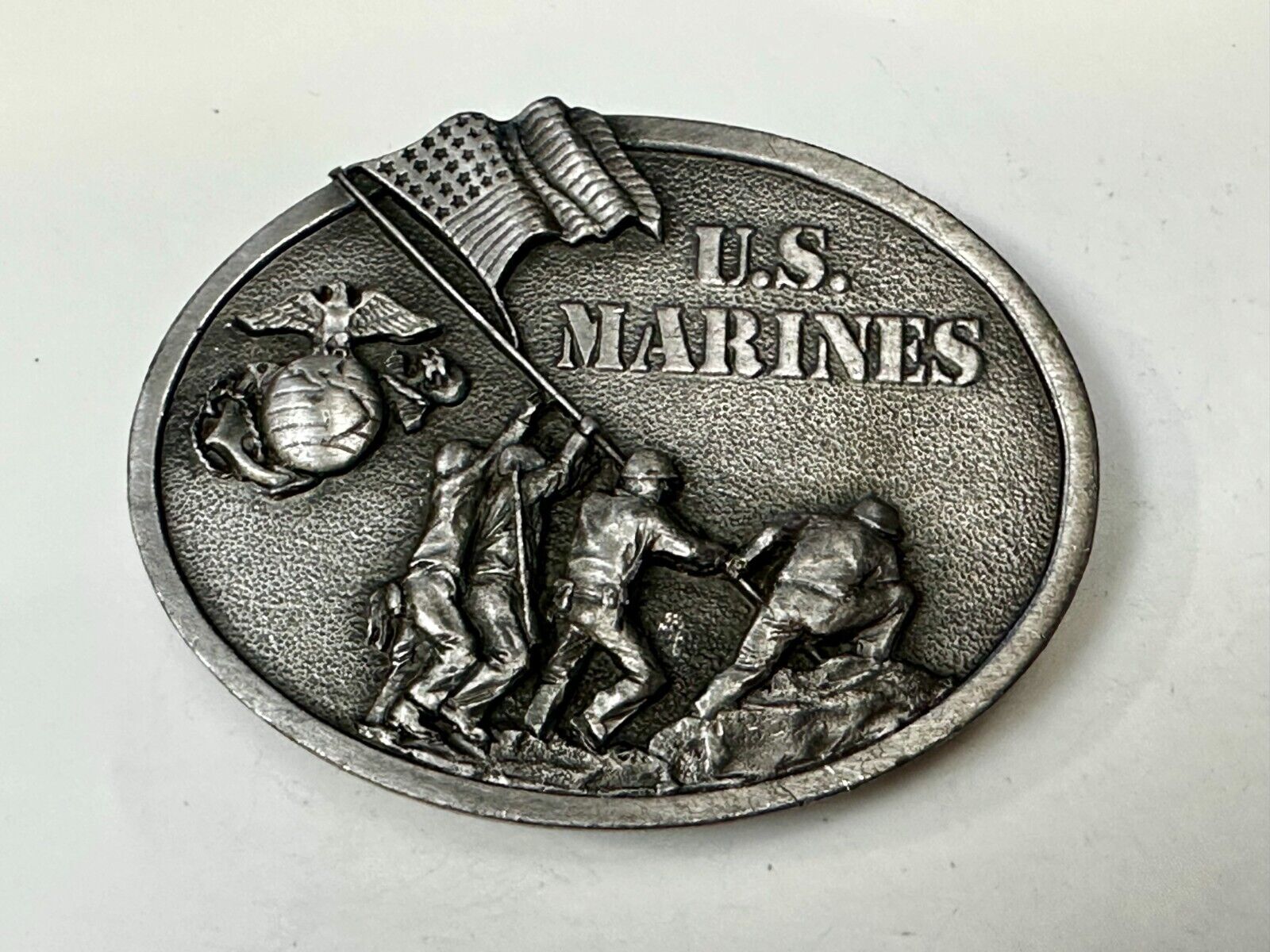 United States Marines Patriotic Raising Flag Vintage 1982 Bergamot Belt Buckle