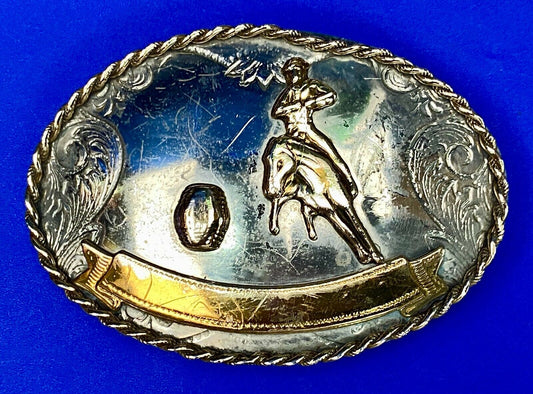 Vintage German Silver Horse Barrel Racing Western Two Tone Belt Buckle W/ Scroll