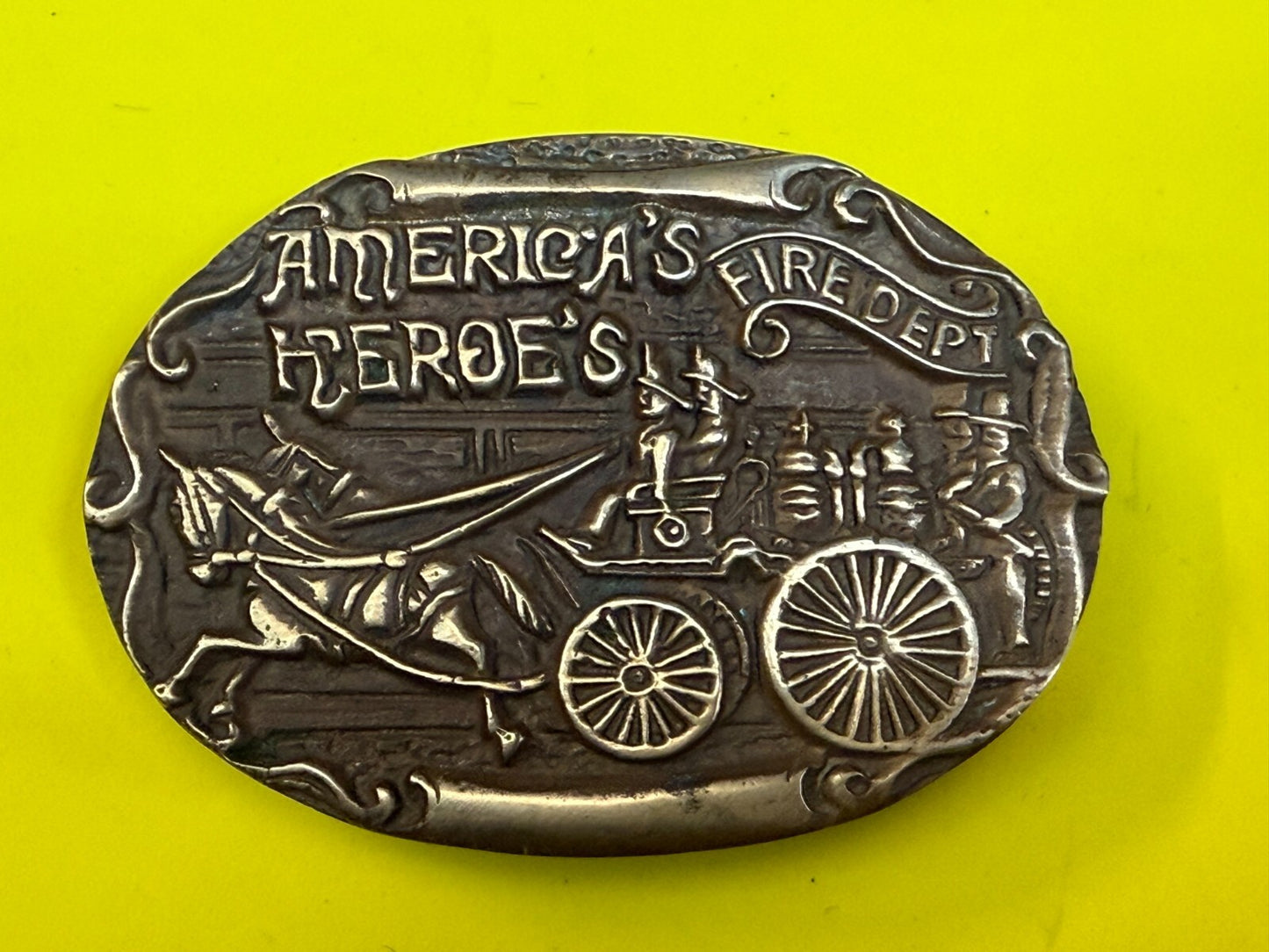 America's Heroes Fire Department Fireman Truck Wagon Solid Brass Belt Buckle