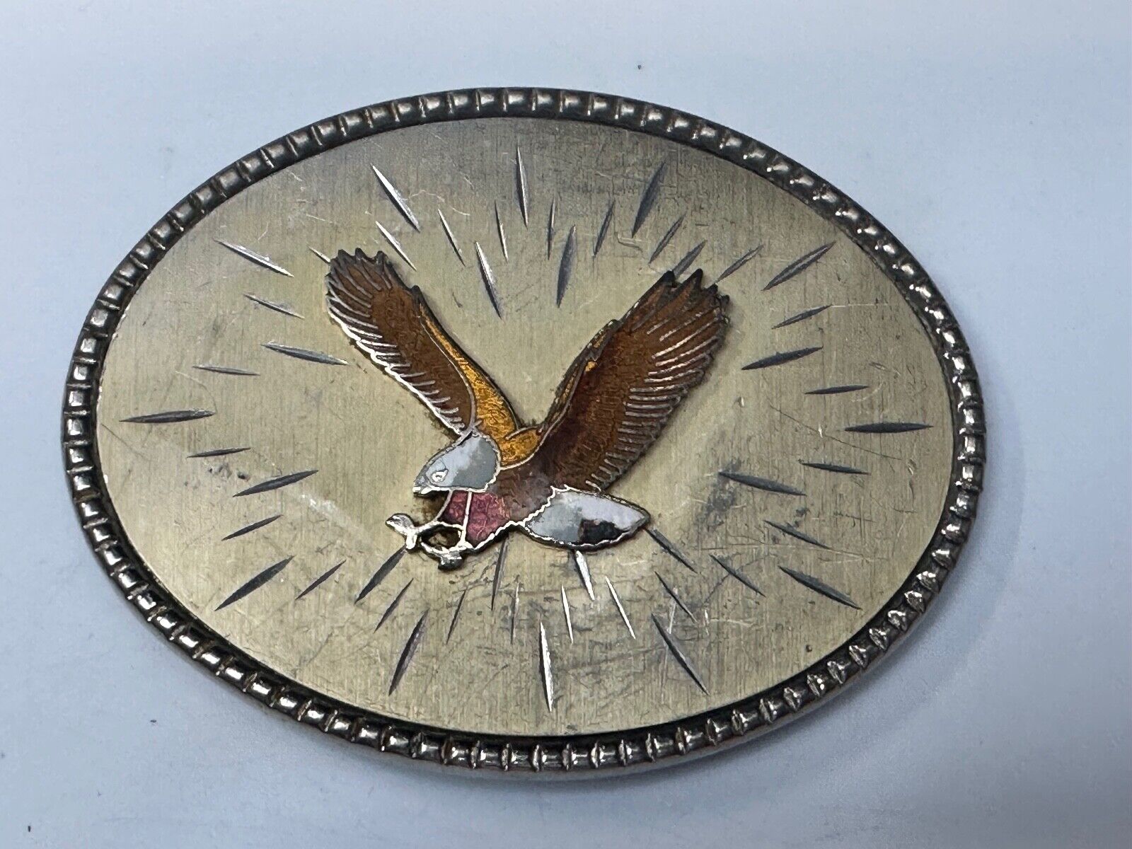 Vintage EAGLE flying High western etched Burst Pattern belt buckle Marked Taiwan