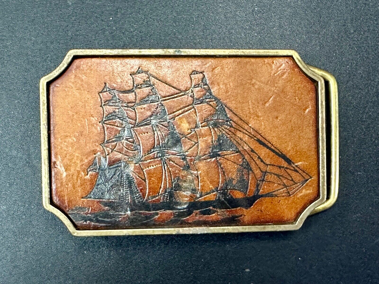 Three mast Sail Boat Ship Nautical theme leather and solid brass BTS belt buckle