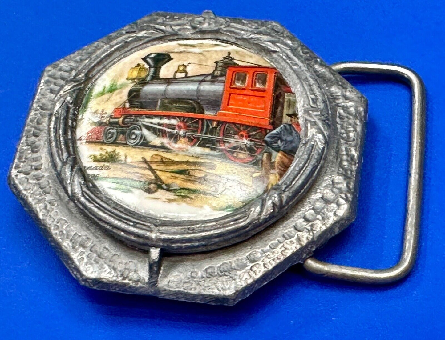 Train Steam Engine Art Picture on ceramic and pewter Vintage Belt Buckle