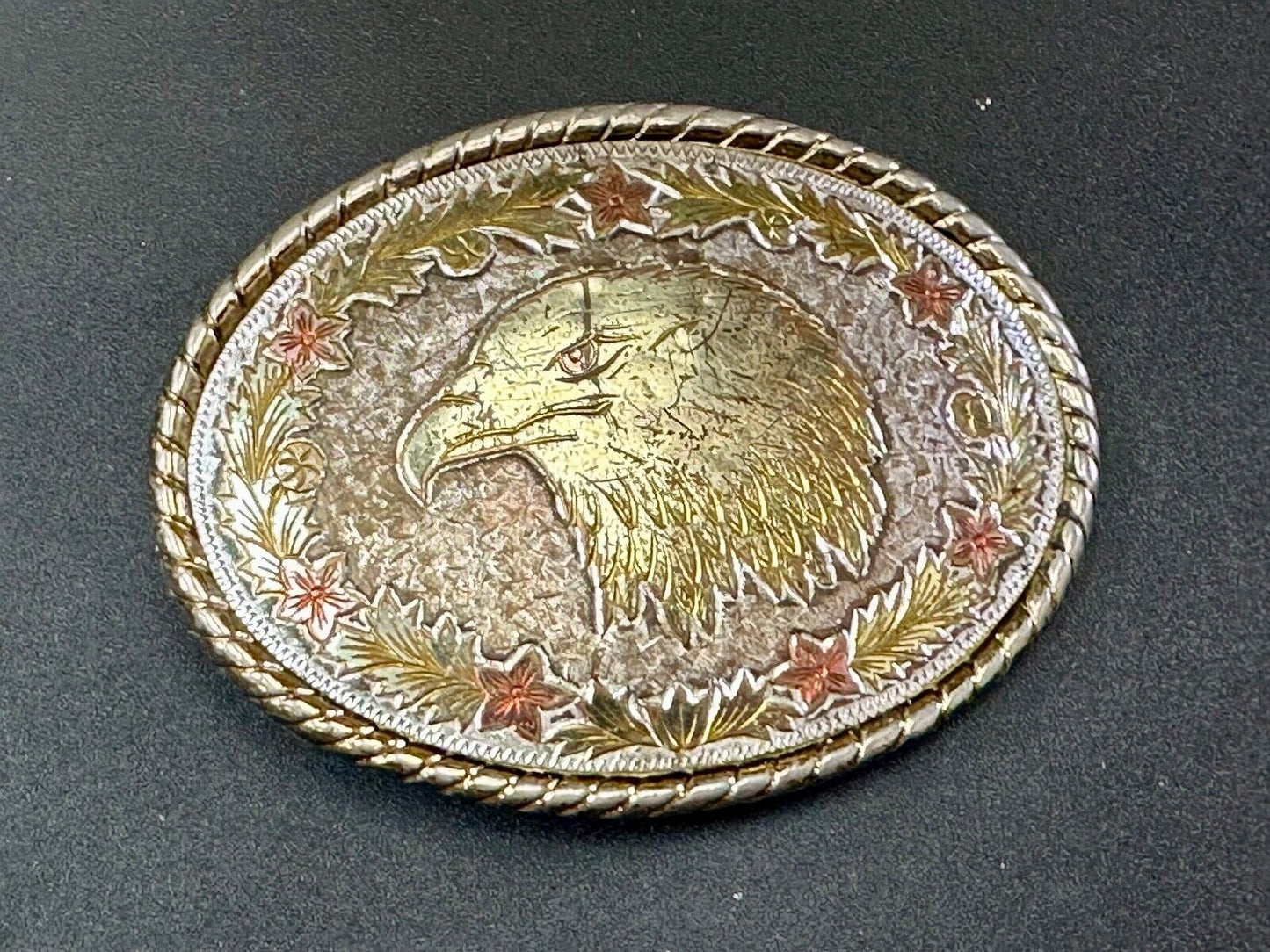 American Bald Eagle Bust profile, Mixed Color Etched belt buckle W Makers Mark