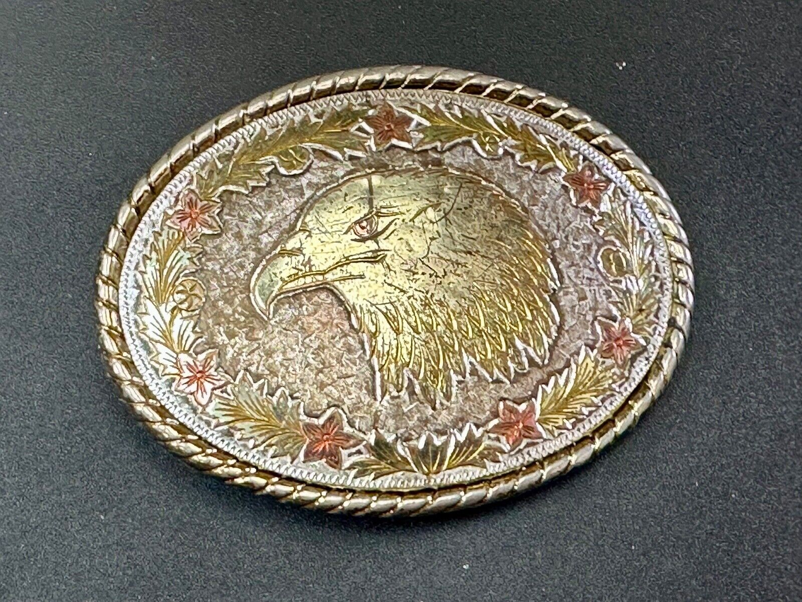 American Bald Eagle Bust profile, Mixed Color Etched belt buckle W Makers Mark