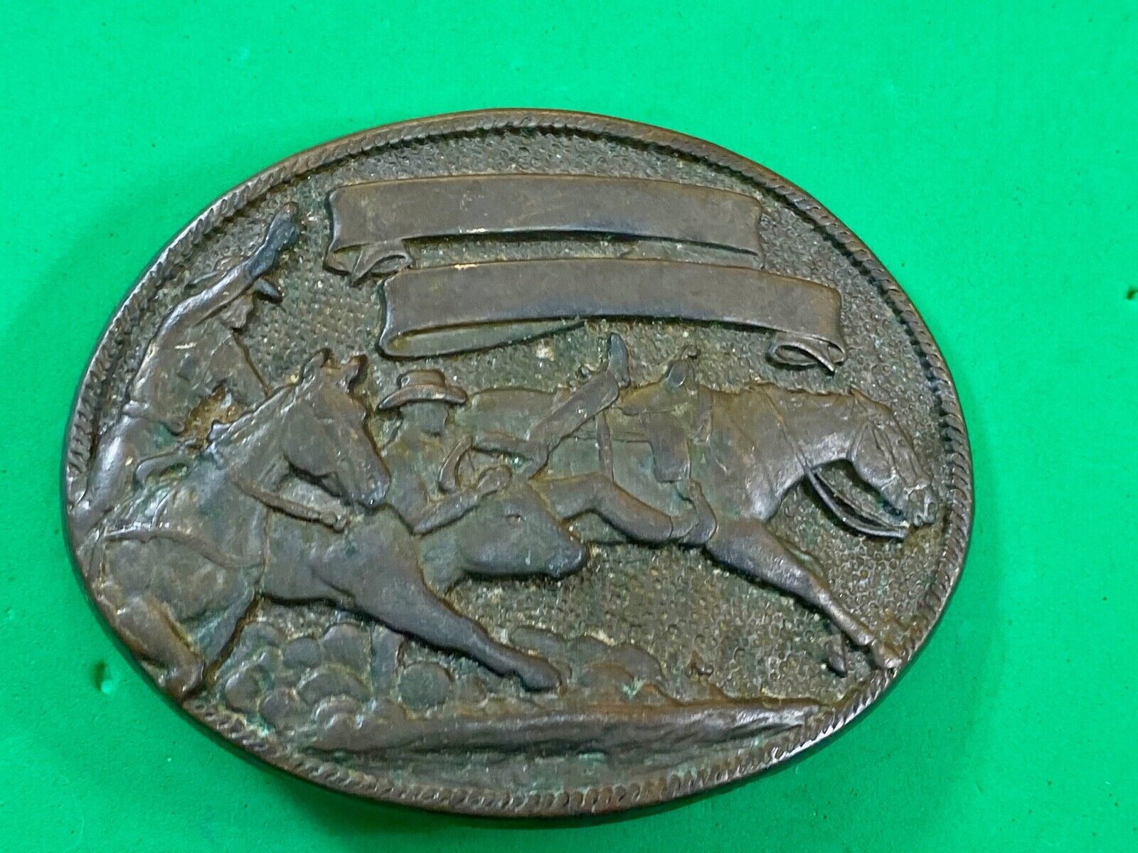 Vintage cowboys from wild west riding horseback belt buckle - blank ribbon award