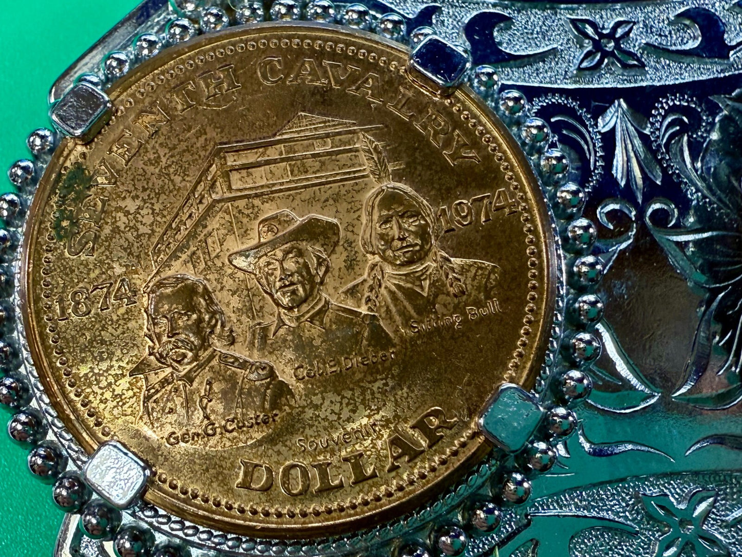 Two Seventh Cavalry Tokens Medallions in Dual Coin Collectors Belt Buckle