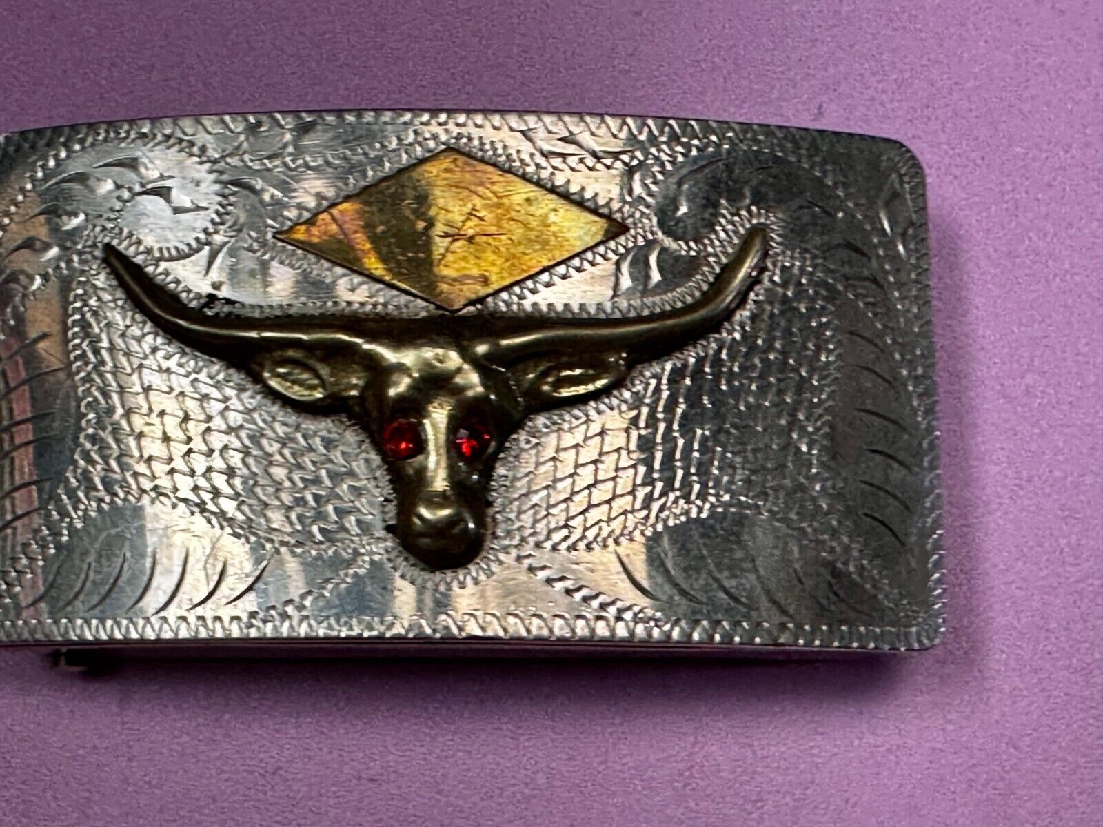 Antique Longhorn Vintage Silver & Gold Tone? Engraved Belt Buckle  Red Ruby Eyes