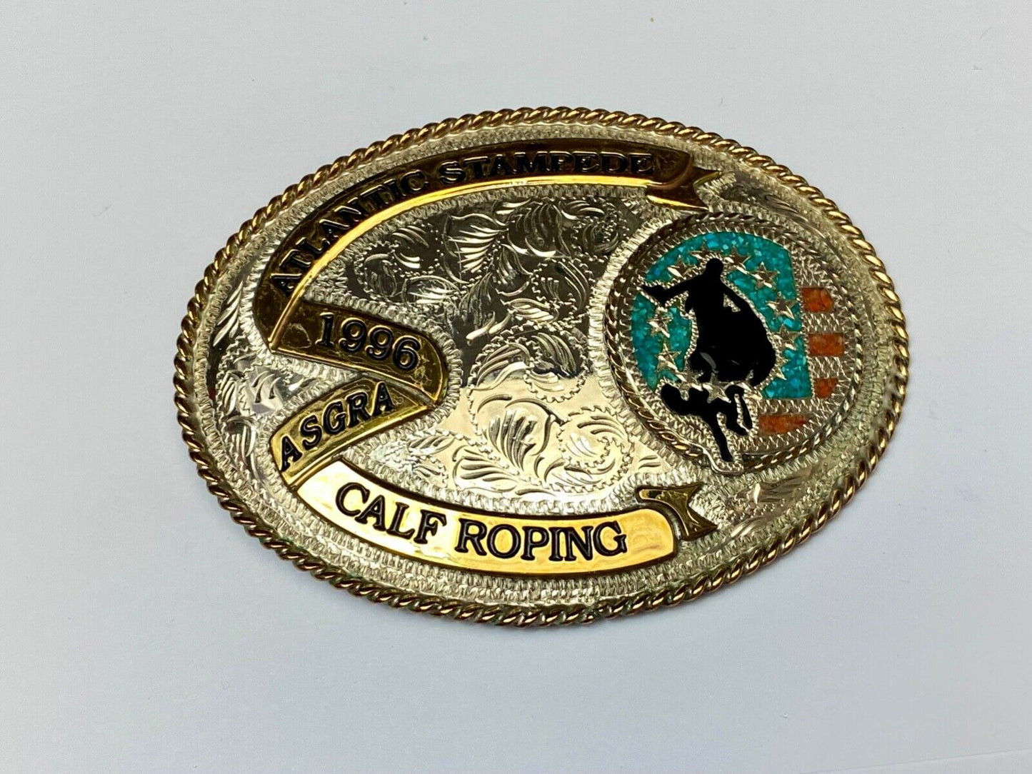 1996 ASGRA Calf Roping Atlantic Stampede turquoise coral belt buckle  - JACKSON