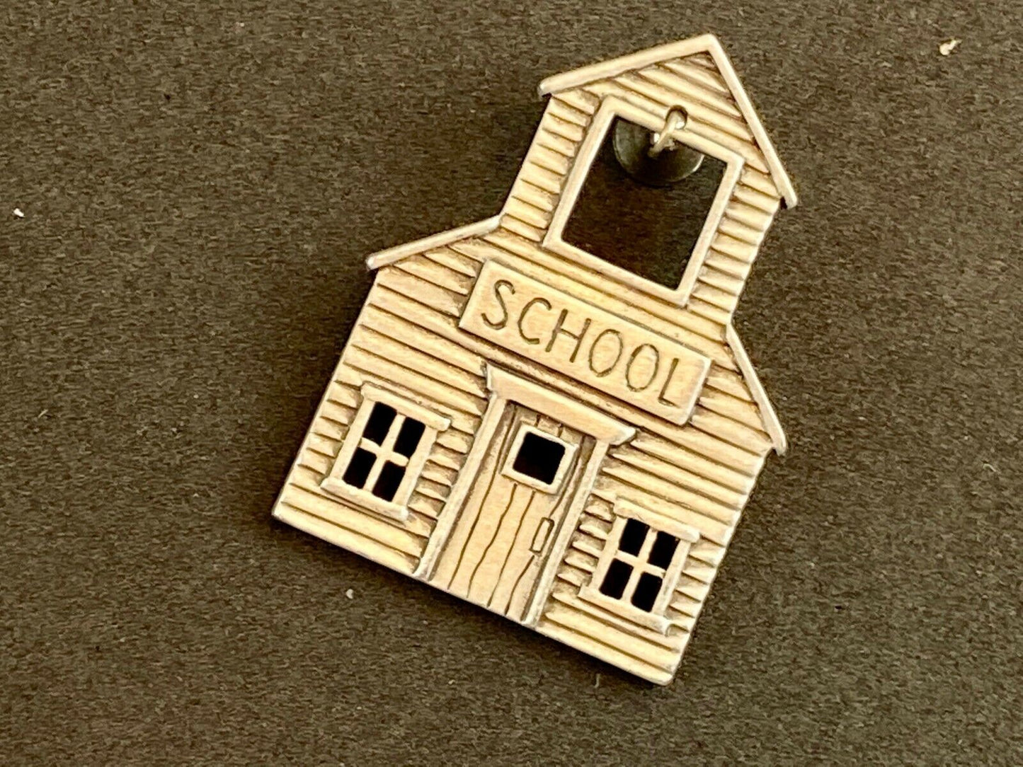Vintage Jj Jonette Adorable Pewter School House With Moving Bell Brooch Pin