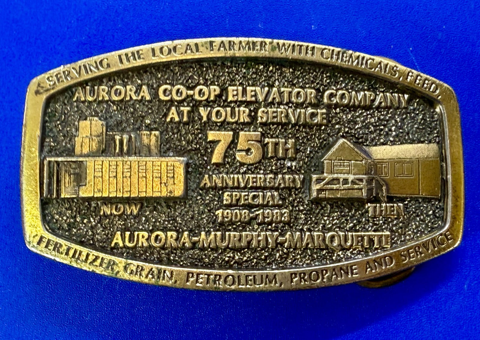 Aurora Co-Op Elevator Company at your Service 75th Anniversary Belt Buckle