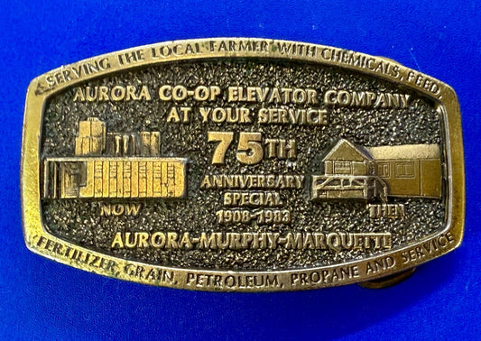 Aurora Co-Op Elevator Company at your Service 75th Anniversary Belt Buckle