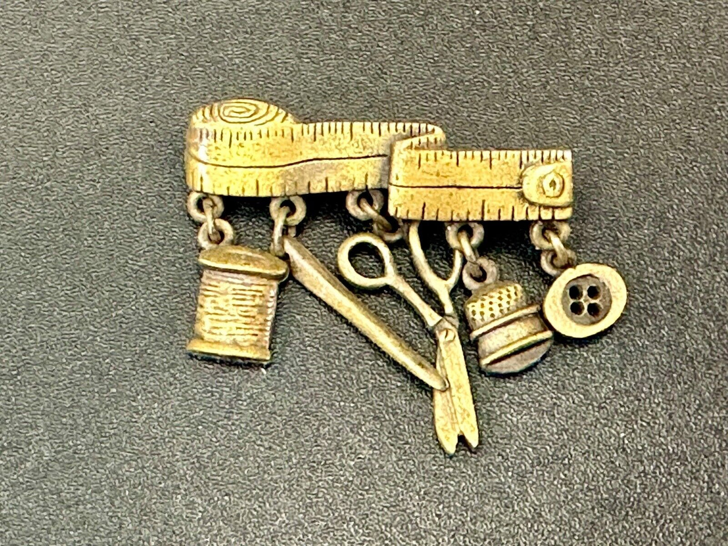 Sewing needle thread dangle charms JJ Signed vintage pewter brooch pin