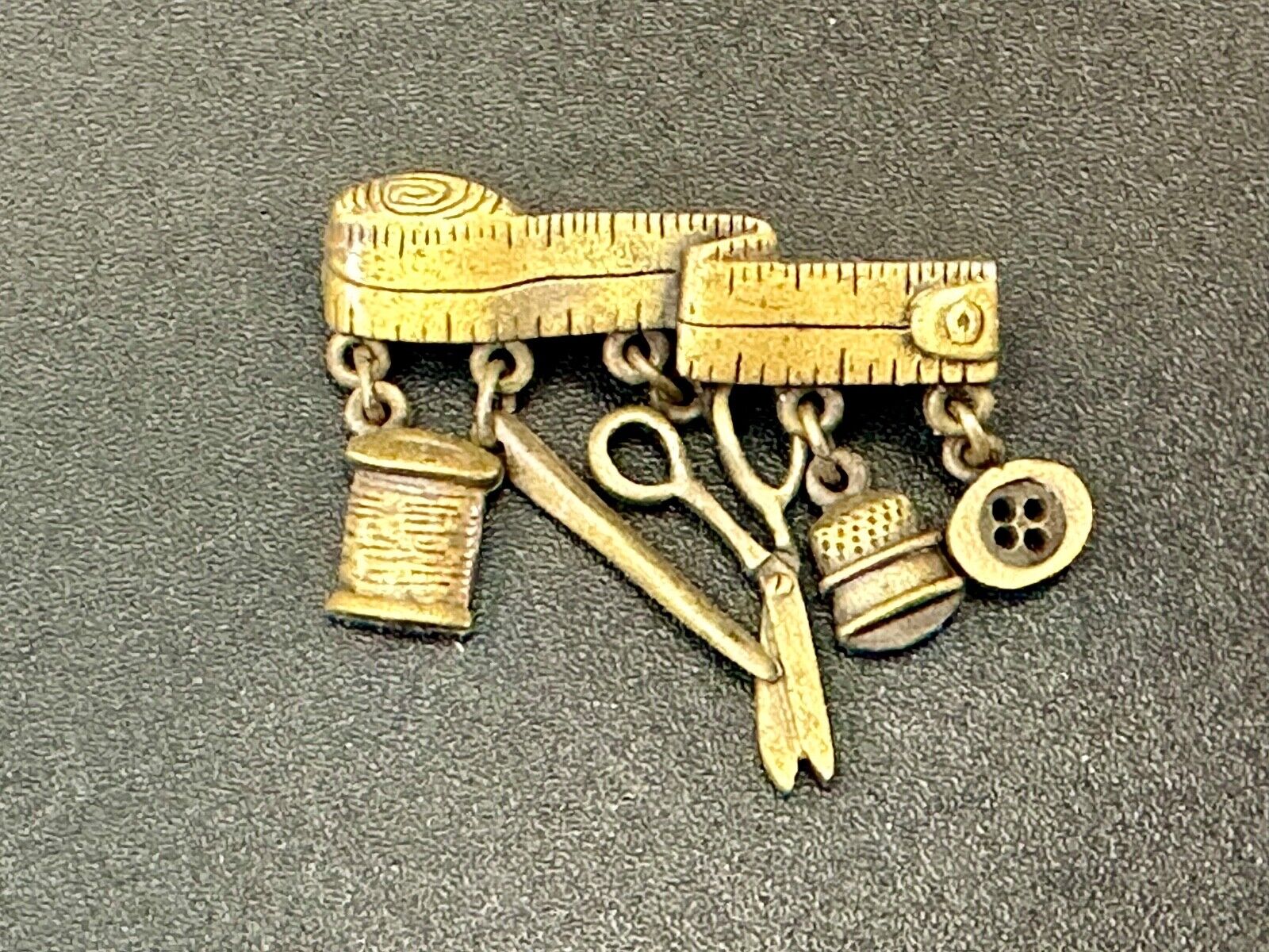 Sewing needle thread dangle charms JJ Signed vintage pewter brooch pin