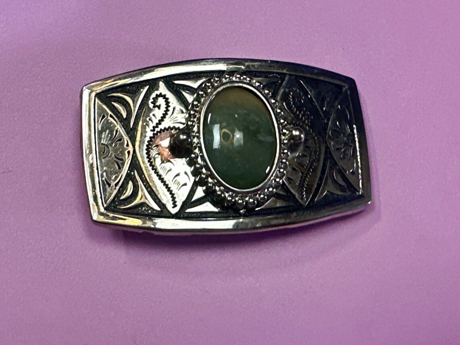 Vesuvianite? Cabochon Cab Centerpiece - Western silver & black color Belt Buckle