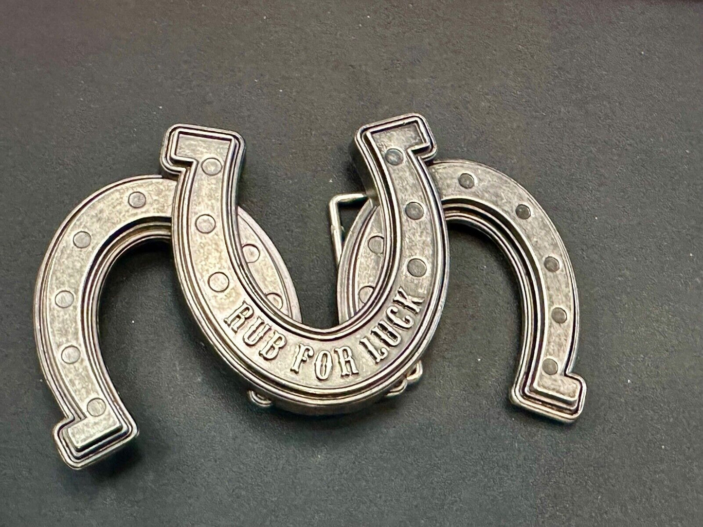 Triple trio horseshoes lucky Novelty belt buckle RUB FOR LUCK horse shoe