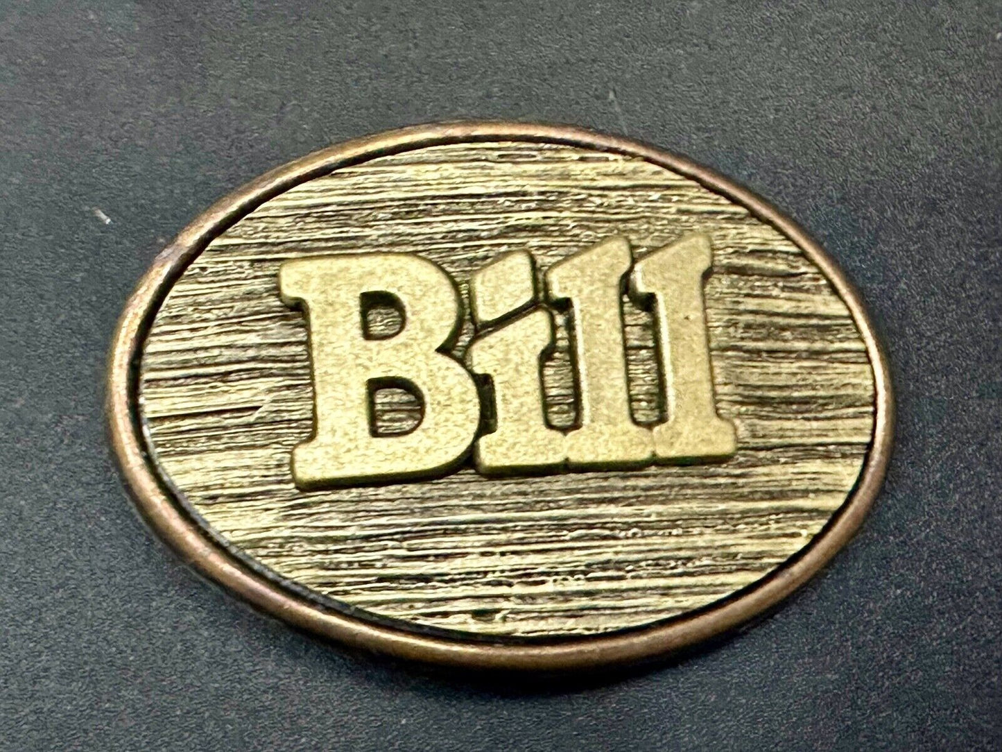 BILL  vintage custom name metal faux wood grain Belt Buckle By Oden