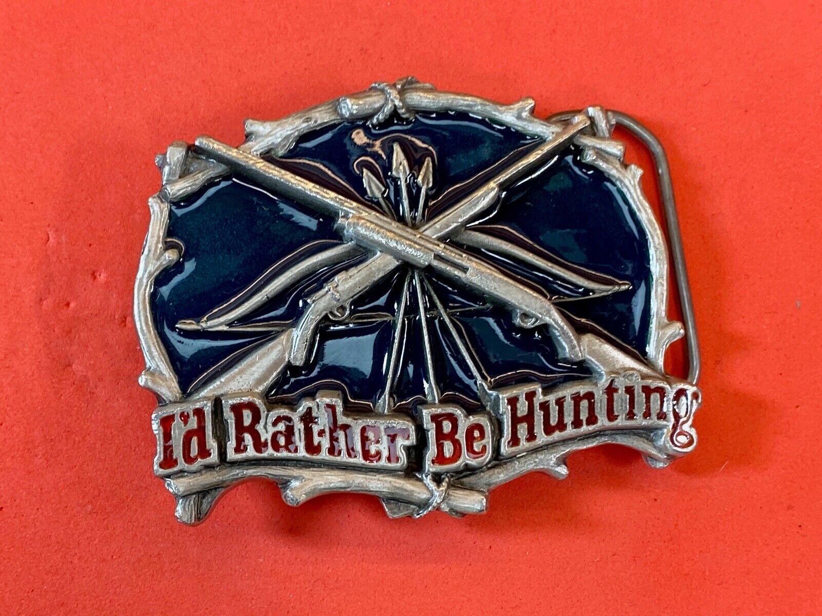 Vintage 1994 Id Rather Be Hunting Great American Belt Buckle - Crossed Shotguns