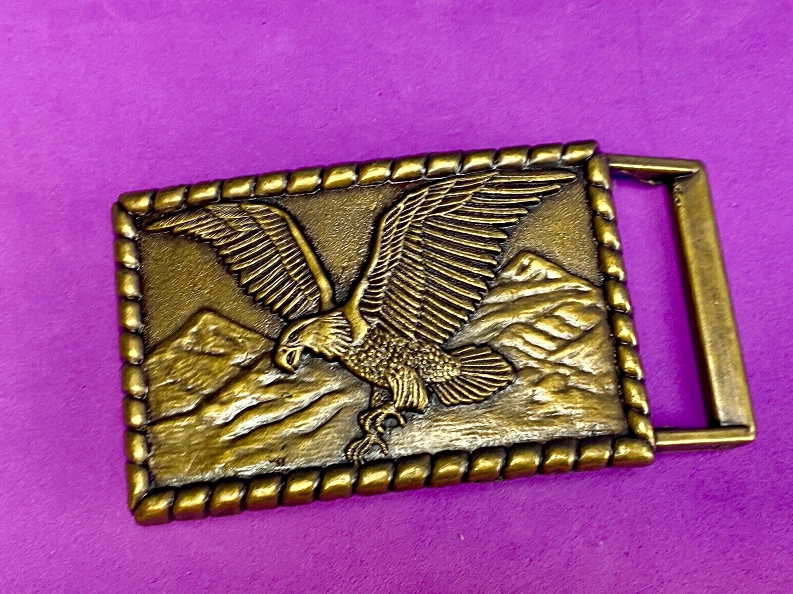 Vintage flying, hunting, fishing American eagle belt buckle with western boarder